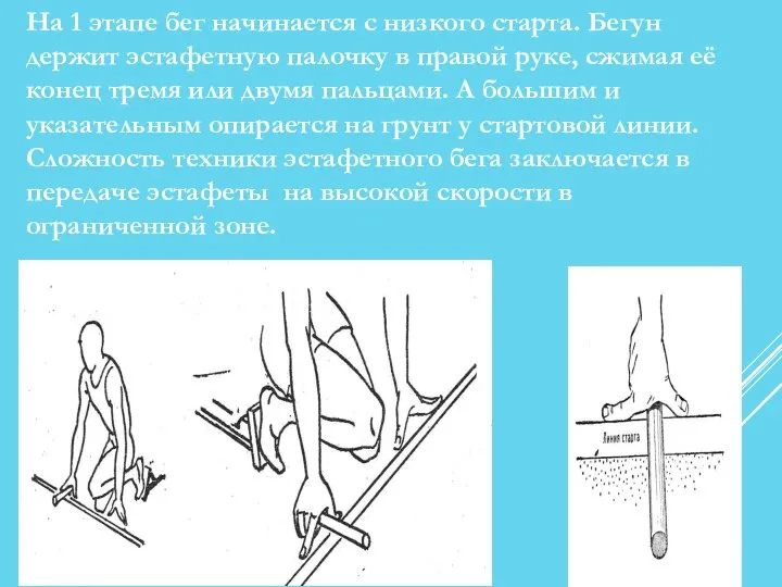 На 1 этапе бег начинается с низкого старта. Бегун держит эстафетную