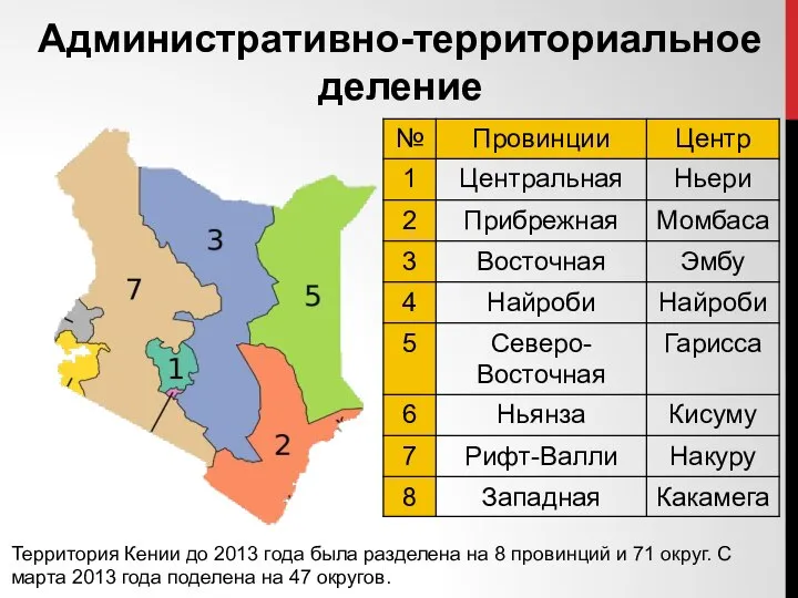 Территория Кении до 2013 года была разделена на 8 провинций и