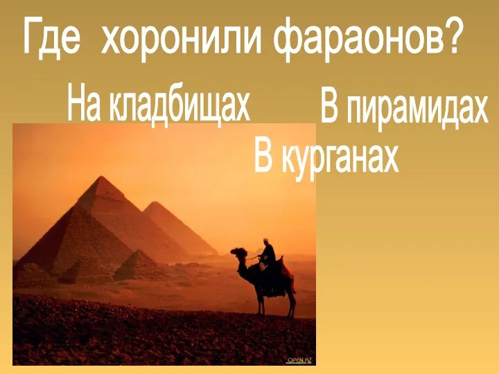 Где хоронили фараонов? В пирамидах На кладбищах В курганах