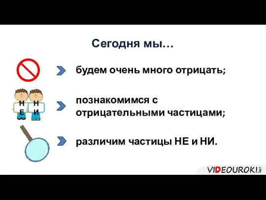 Сегодня мы… будем очень много отрицать; познакомимся с отрицательными частицами; различим частицы НЕ и НИ.