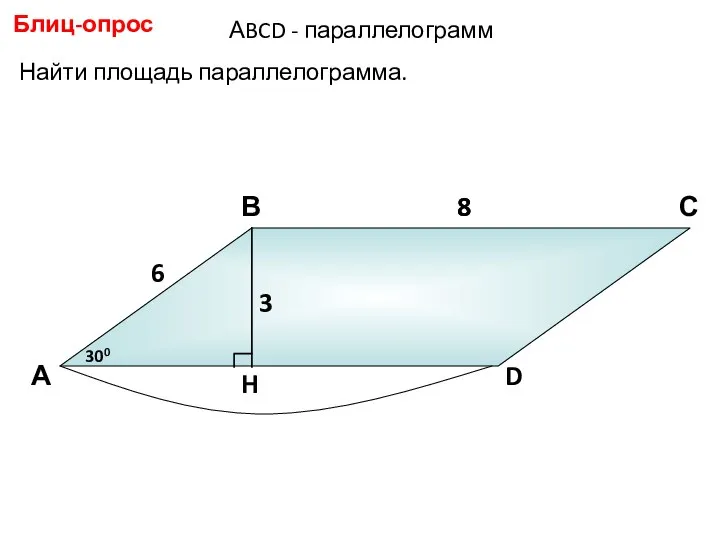 Найти площадь параллелограмма. Блиц-опрос А В С D 6 300 8 8 3 АBCD - параллелограмм