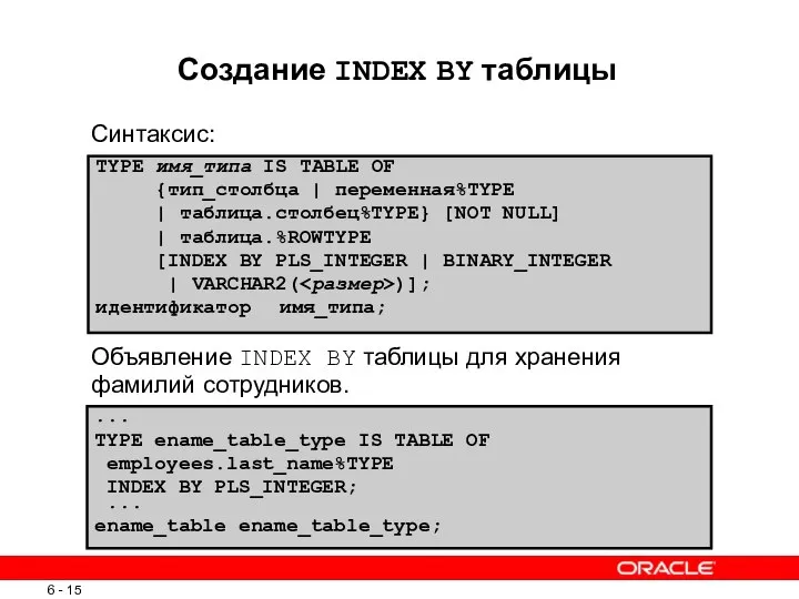 Создание INDEX BY таблицы Синтаксис: TYPE имя_типа IS TABLE OF {тип_столбца