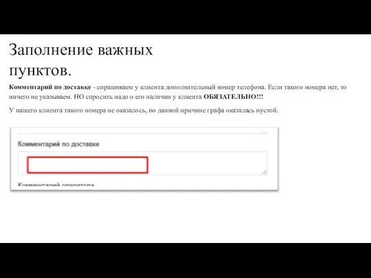 Заполнение важных пунктов. Комментарий по доставке - спрашиваем у клиента дополнительный