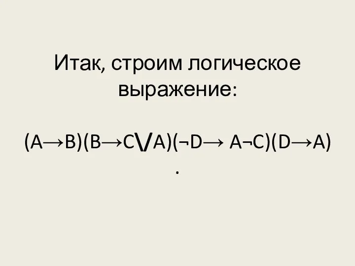 Итак, строим логическое выражение: (A→B)(B→C\/A)(¬D→ A¬C)(D→A).