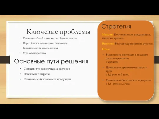 Ключевые проблемы Снижение общей платежеспособности завода Неустойчивое финансовое положение Рентабельность завода