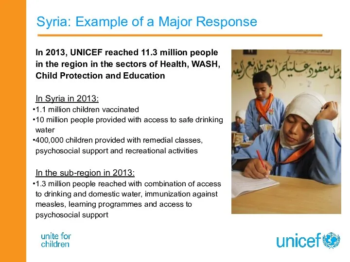 Syria: Example of a Major Response In 2013, UNICEF reached 11.3