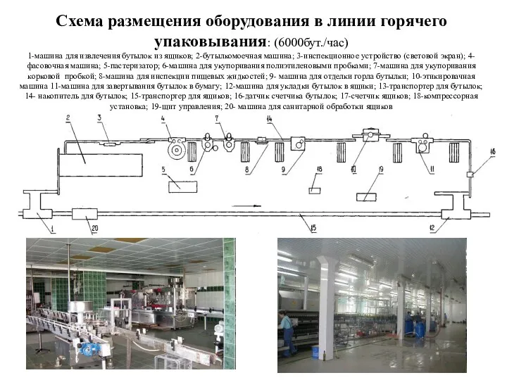 Схема размещения оборудования в линии горячего упаковывания: (6000бут./час) 1-машина для извлечения