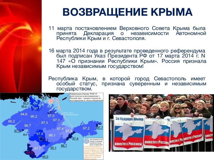 ВОЗВРАЩЕНИЕ КРЫМА 11 марта постановлением Верховного Совета Крыма была принята Декларация