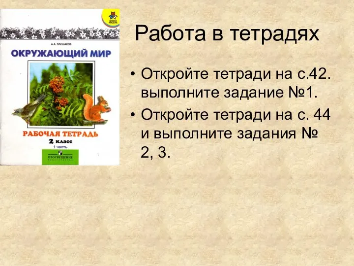 Работа в тетрадях Откройте тетради на с.42. выполните задание №1. Откройте