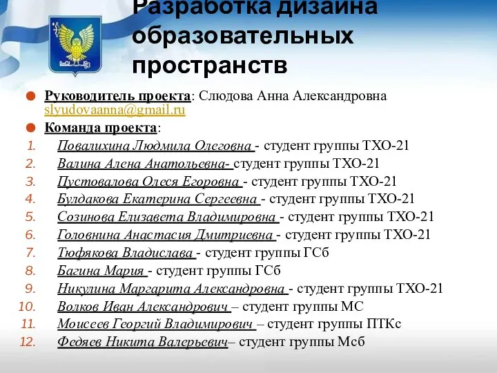 Разработка дизайна образовательных пространств Руководитель проекта: Слюдова Анна Александровна slyudovaanna@gmail.ru Команда