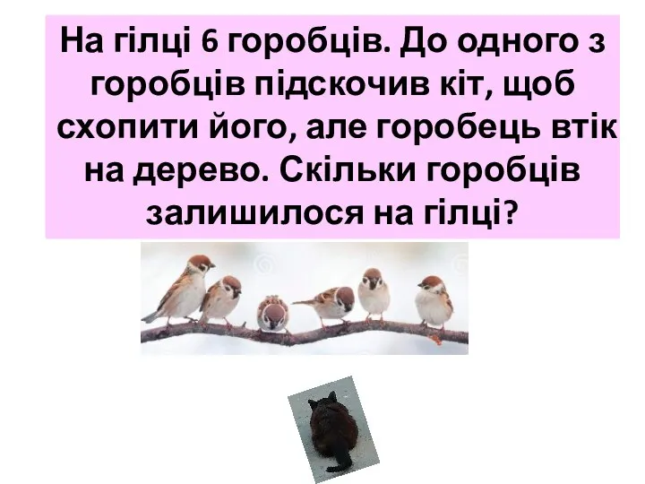 На гілці 6 горобців. До одного з горобців підскочив кіт, щоб
