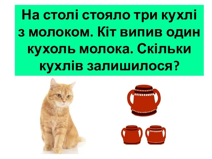 На столі стояло три кухлі з молоком. Кіт випив один кухоль молока. Скільки кухлів залишилося?