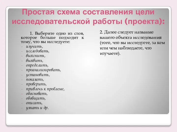 Простая схема составления цели исследовательской работы (проекта): 1. Выберите одно из