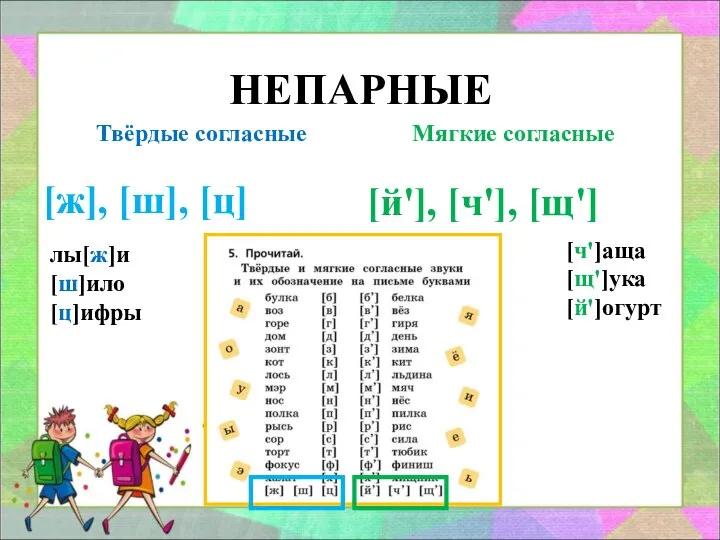 НЕПАРНЫЕ Твёрдые согласные [ж], [ш], [ц] Мягкие согласные [й'], [ч'], [щ']