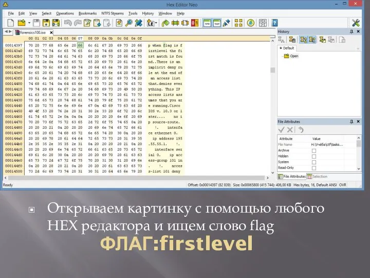 ФЛАГ:firstlevel Открываем картинку с помощью любого HEX редактора и ищем слово flag