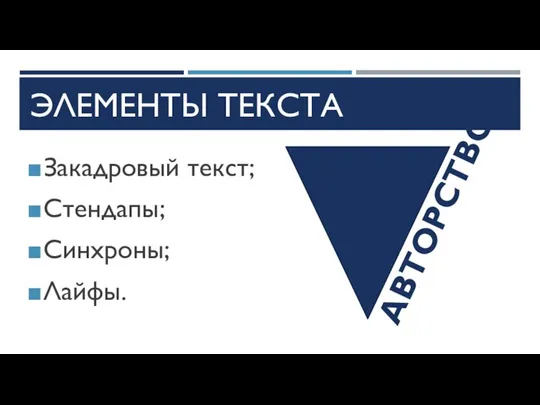 ЭЛЕМЕНТЫ ТЕКСТА Закадровый текст; Стендапы; Синхроны; Лайфы. АВТОРСТВО