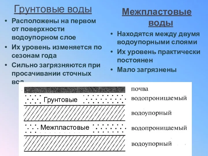 Грунтовые воды Расположены на первом от поверхности водоупорном слое Их уровень