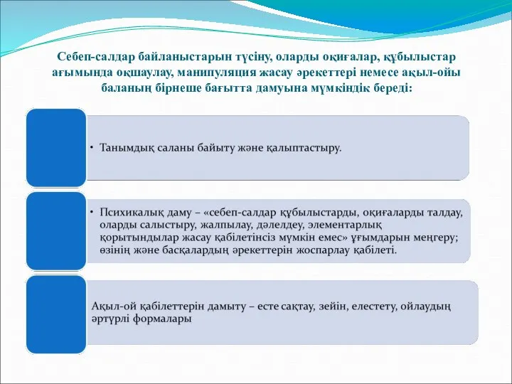 Себеп-салдар байланыстарын түсіну, оларды оқиғалар, құбылыстар ағымында оқшаулау, манипуляция жасау әрекеттері