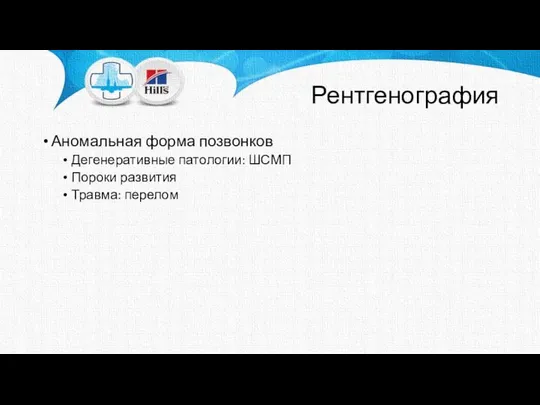 Рентгенография Аномальная форма позвонков Дегенеративные патологии: ШСМП Пороки развития Травма: перелом