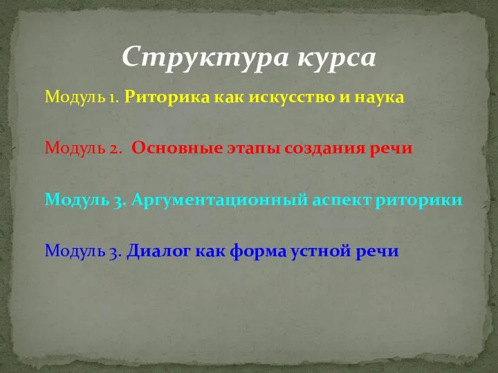 Модуль 1. Риторика как искусство и наука Модуль 2. Основные этапы