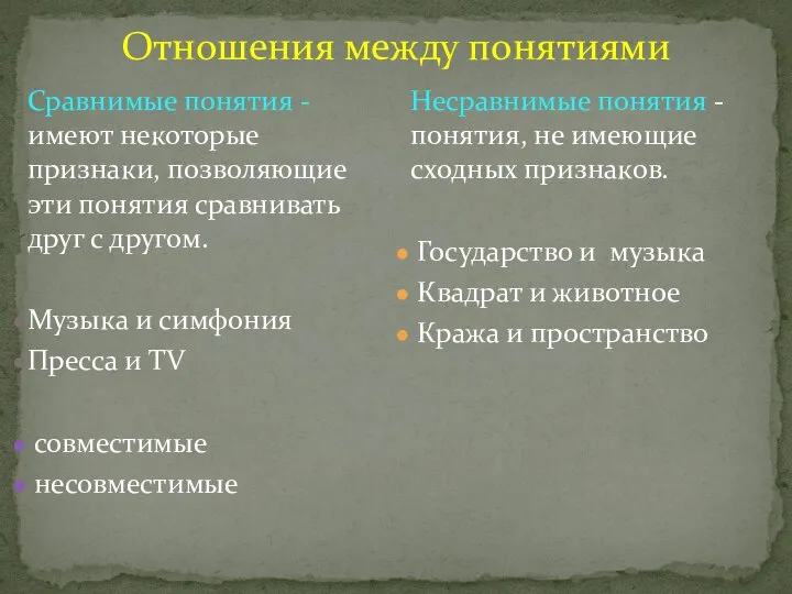 Отношения между понятиями Сравнимые понятия - имеют некоторые признаки, позволяющие эти