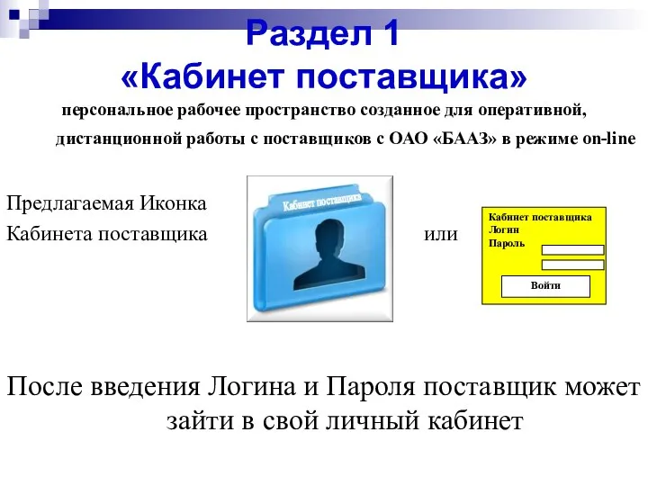 Раздел 1 «Кабинет поставщика» персональное рабочее пространство созданное для оперативной, дистанционной