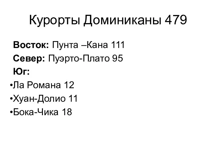 Курорты Доминиканы 479 Восток: Пунта –Кана 111 Север: Пуэрто-Плато 95 Юг: