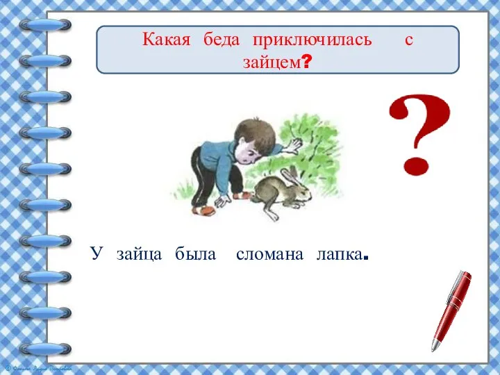 Какая беда приключилась с зайцем? У зайца была сломана лапка.