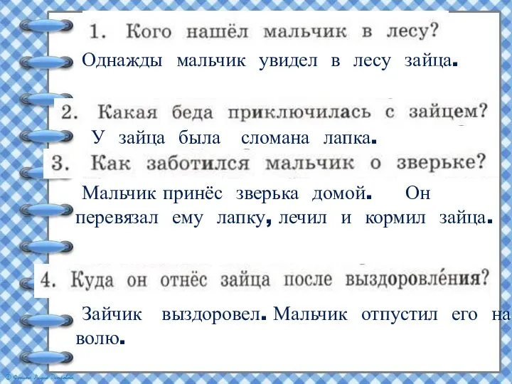 Однажды мальчик увидел в лесу зайца. У зайца была сломана лапка.