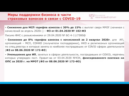 Меры поддержки бизнеса в части страховых взносов в связи с COVID-19