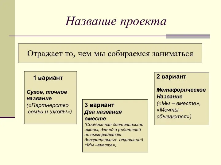 Название проекта Отражает то, чем мы собираемся заниматься 1 вариант Сухое,