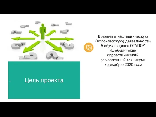 Цель проекта I Вовлечь в наставническую (волонтерскую) деятельность 5 обучающихся ОГАПОУ