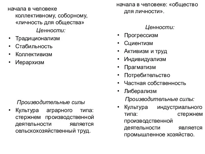 начала в человеке коллективному, соборному, «личность для общества» Ценности: Традиционализм Стабильность