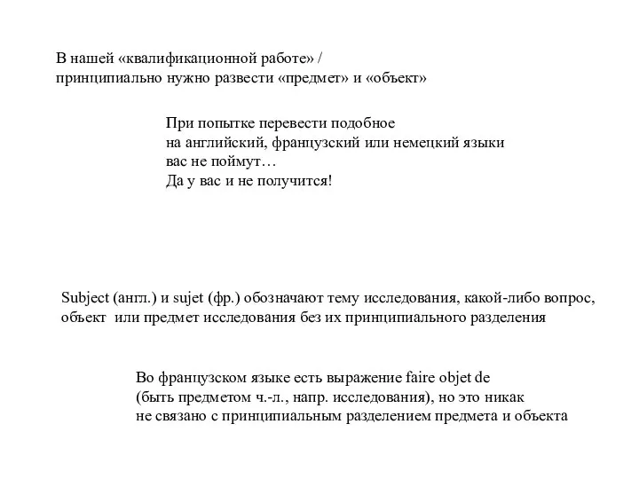 В нашей «квалификационной работе» / принципиально нужно развести «предмет» и «объект»