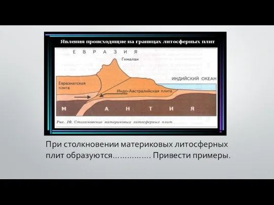 При столкновении материковых литосферных плит образуются……………. Привести примеры.