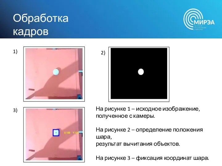 Обработка кадров 1) 2) 3) На рисунке 1 – исходное изображение,