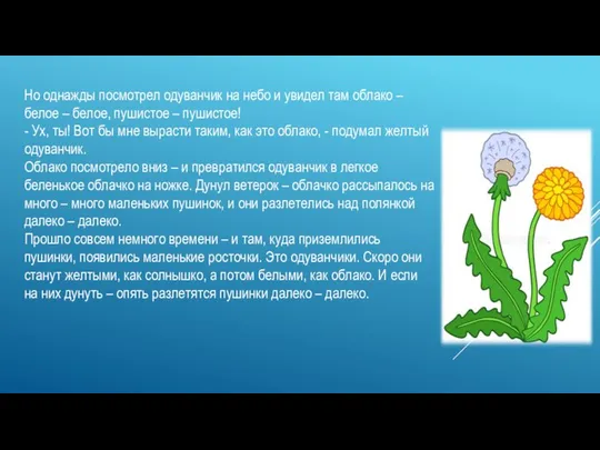 Но однажды посмотрел одуванчик на небо и увидел там облако –