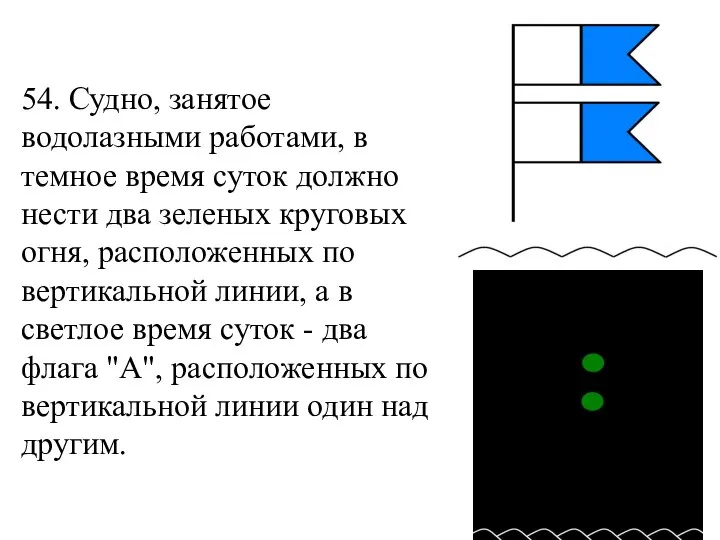 54. Судно, занятое водолазными работами, в темное время суток должно нести