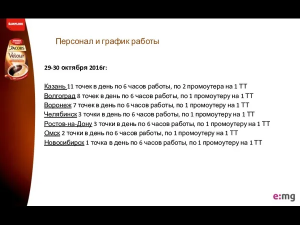 Персонал и график работы 29-30 октября 2016г: Казань 11 точек в