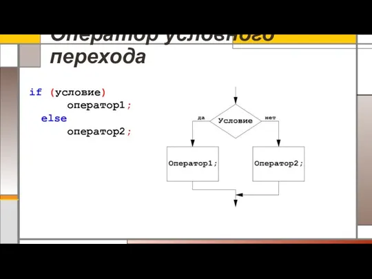 Оператор условного перехода if (условие) оператор1; else оператор2;