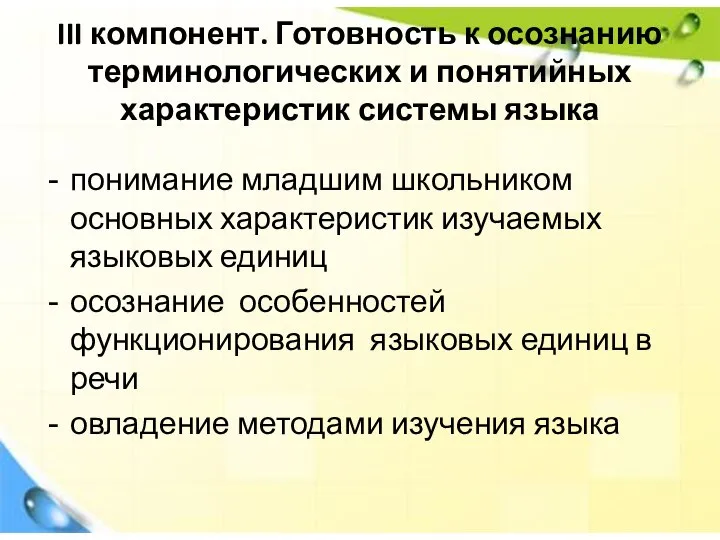 III компонент. Готовность к осознанию терминологических и понятийных характеристик системы языка