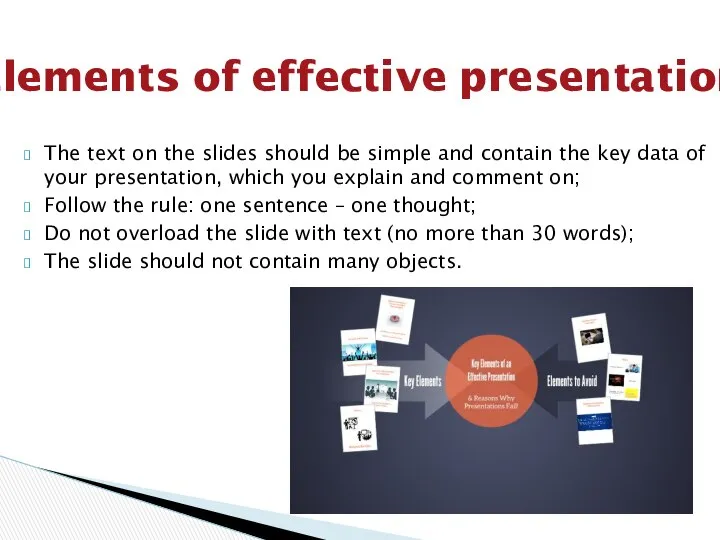 Elements of effective presentation The text on the slides should be