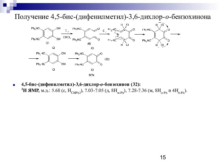Получение 4,5-бис-(дифенилметил)-3,6-дихлор-о-бензохинона 4,5-бис-(дифенилметил)-3,6-дихлор-о-бензохинон (32): 1Н ЯМР, м.д.: 5.68 (c, HCHPh2), 7.03-7.05