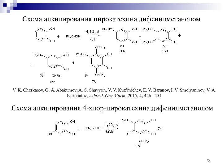Схема алкилирования пирокатехина дифенилметанолом Схема алкилирования 4-хлор-пирокатехина дифенилметанолом V. K. Cherkasov,