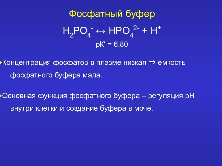 Фосфатный буфер Н2РО4- ↔ НРО42- + Н+ рК' = 6,80 Концентрация