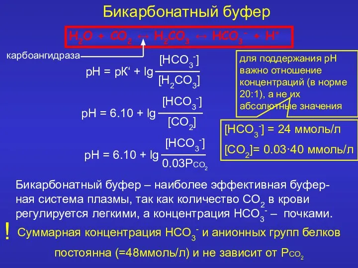 Бикарбонатный буфер H2O + CO2 ↔ H2CO3 ↔ HCO3- + H+