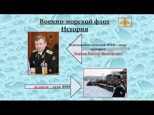 Военно-морской флот История Главнокомандующий ВМФ – вице-адмирал Чирков Виктор Викторович 29 июля – день ВМФ