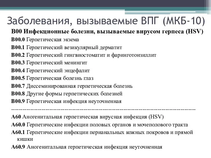 Заболевания, вызываемые ВПГ (МКБ-10) В00 Инфекционные болезни, вызываемые вирусом герпеса (HSV)