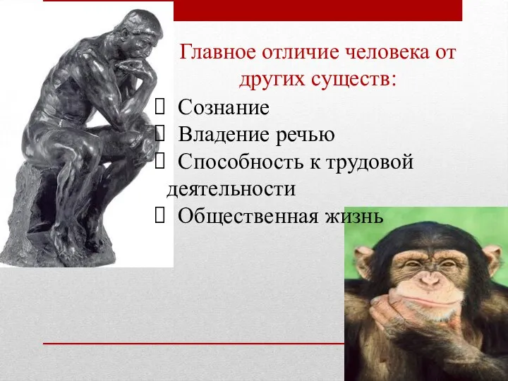 Главное отличие человека от других существ: Сознание Владение речью Способность к трудовой деятельности Общественная жизнь