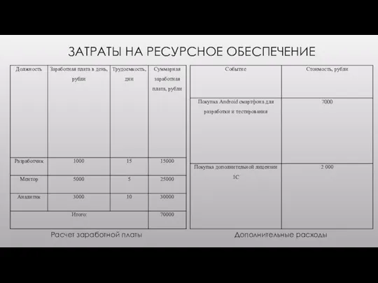 ЗАТРАТЫ НА РЕСУРСНОЕ ОБЕСПЕЧЕНИЕ Расчет заработной платы Дополнительные расходы